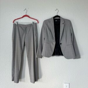 ZARA Grey Plaid Blazer Jacket + Pant Suit Two Piece Set